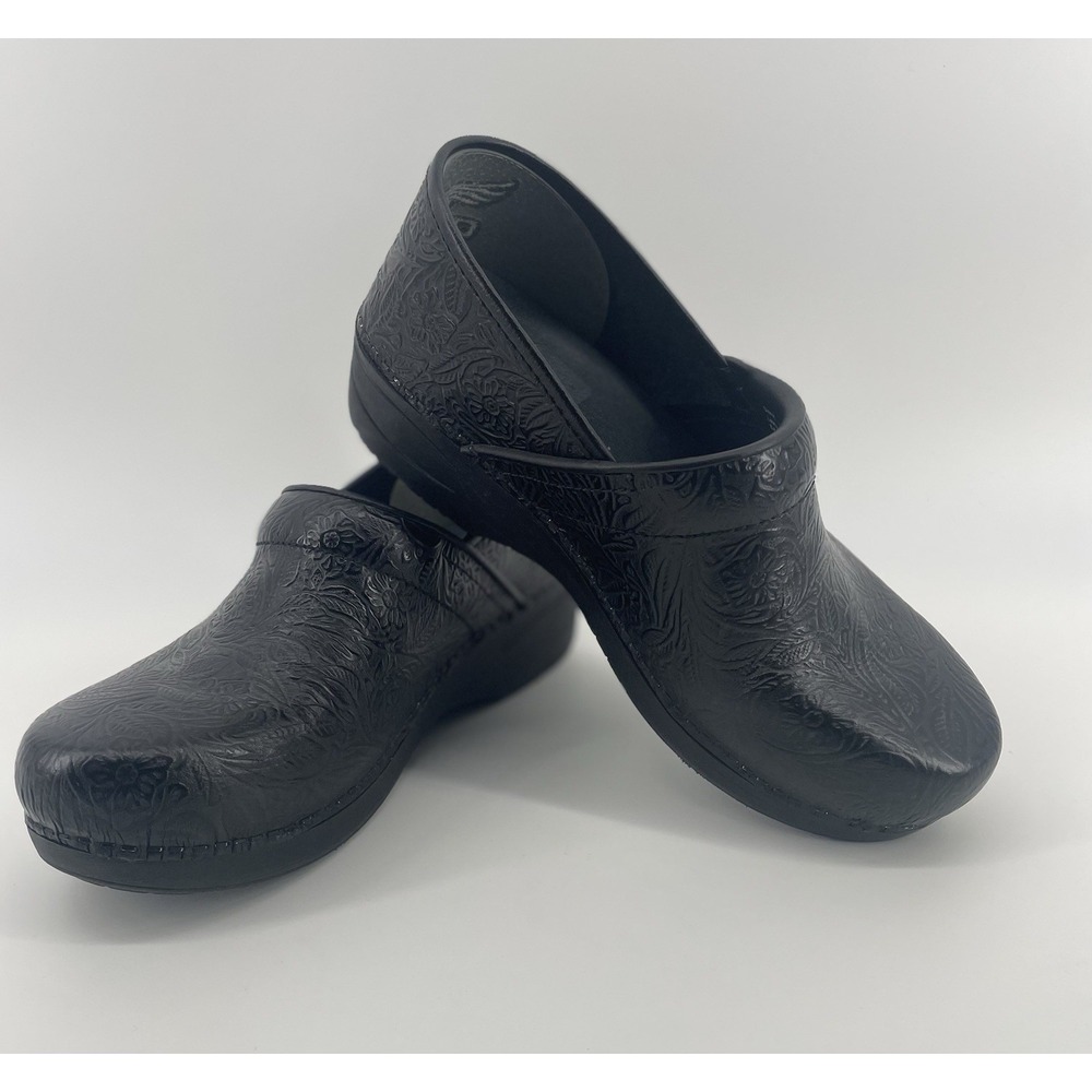Dansko XP 2.0 Clogs Women 41 Blk Floral Embossed Leather Slip Resistant Medical